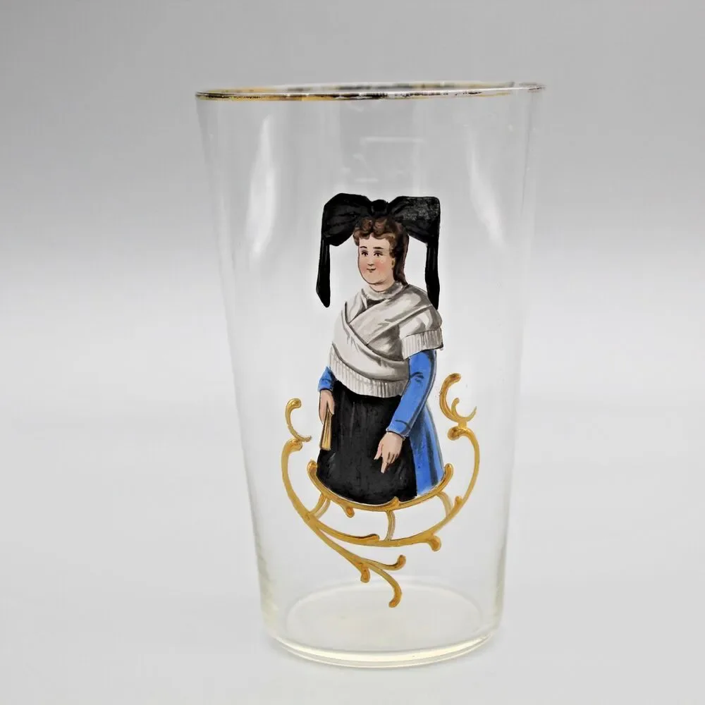 Antique Glass Enamel Woman Bückeburgerin Novelty Bar Glass Zunftbecher 1/4 Dram